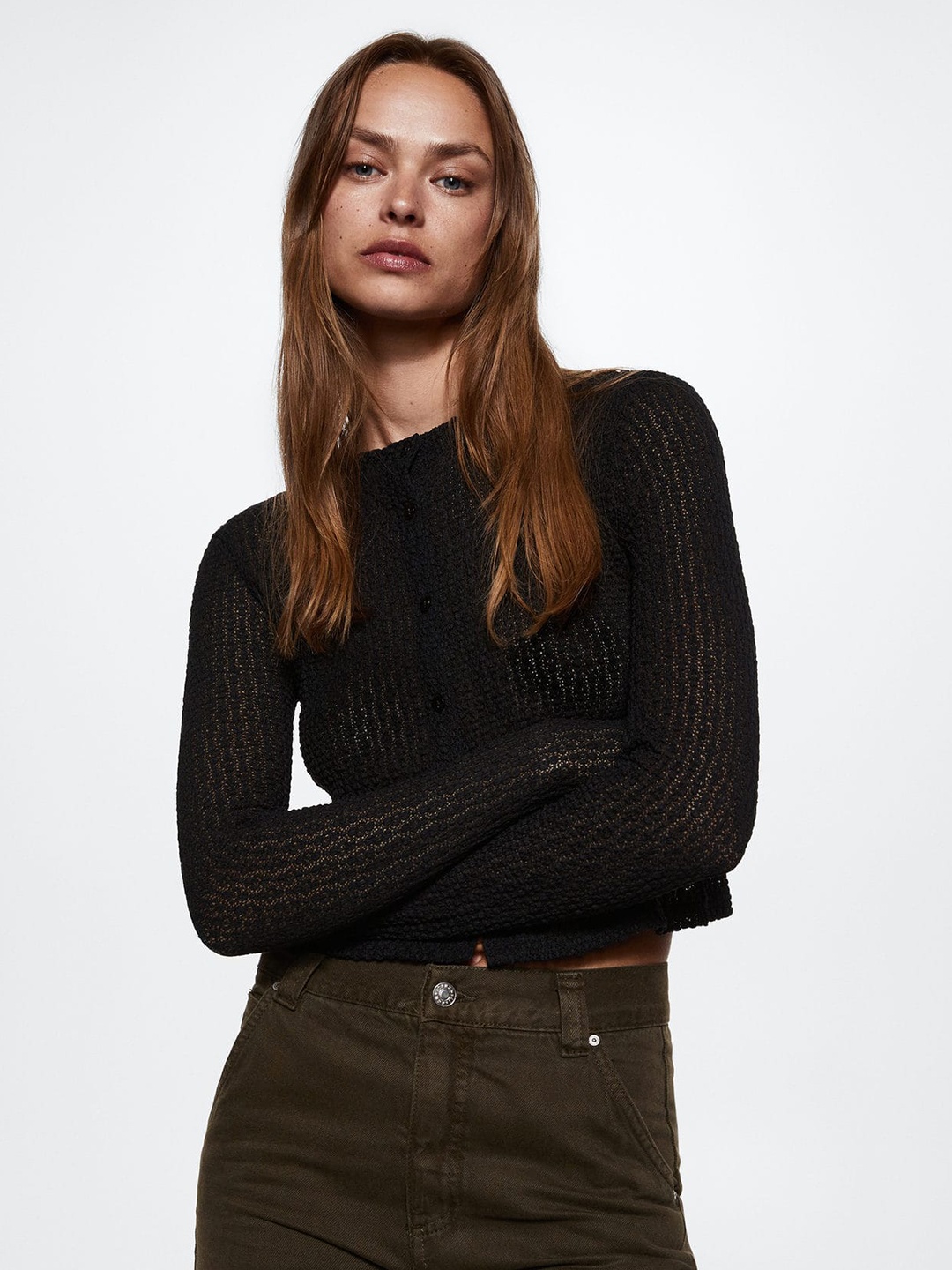

MANGO Women Black Open Knit Cardigan