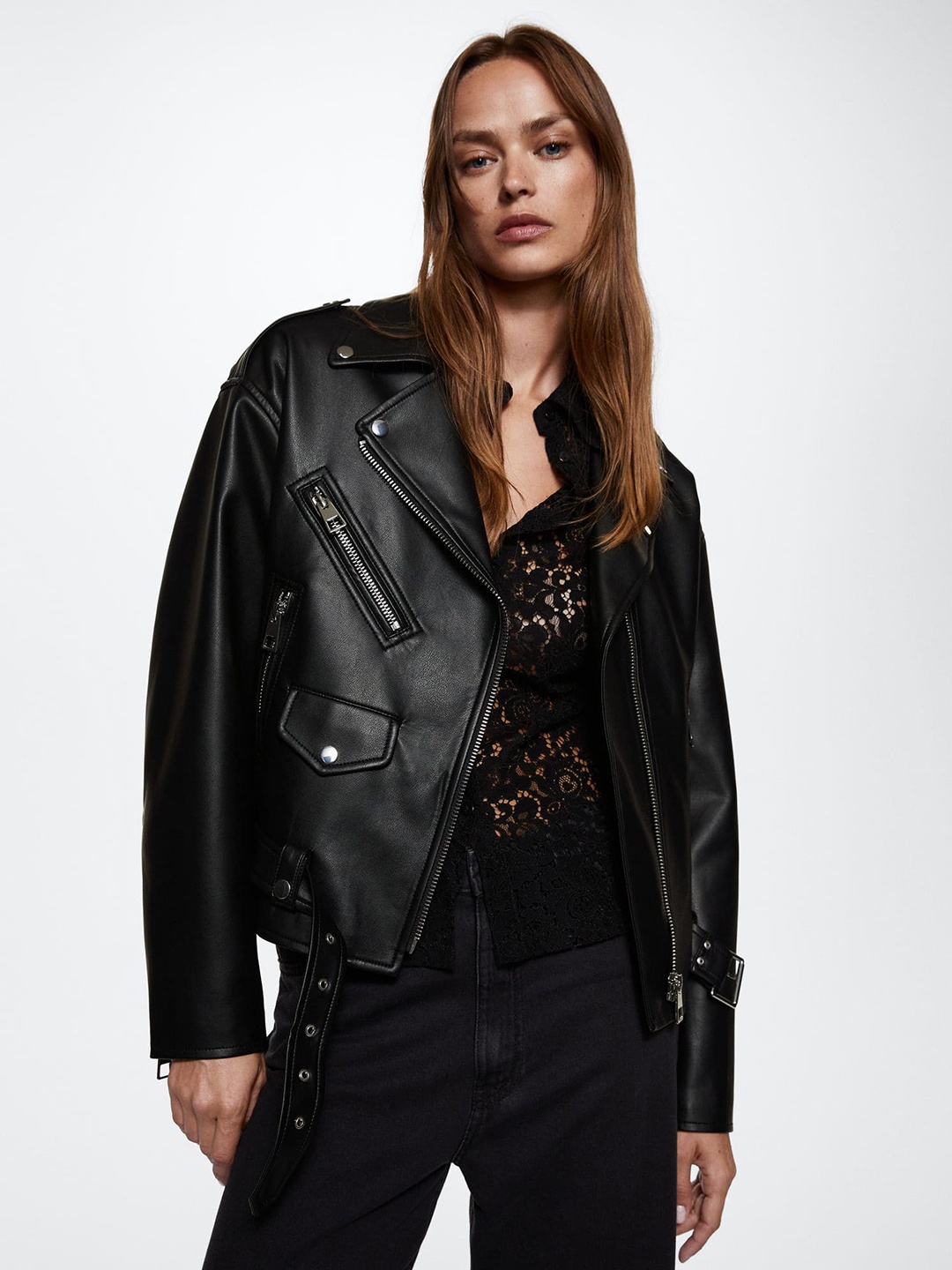 

MANGO Women Black Zipper Detailed Sustainable Biker Jacket