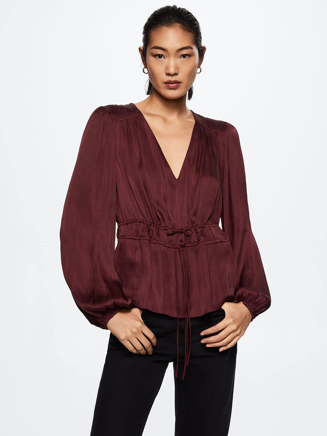 

MANGO Maroon Solid Satin Sustainable A-Line Top
