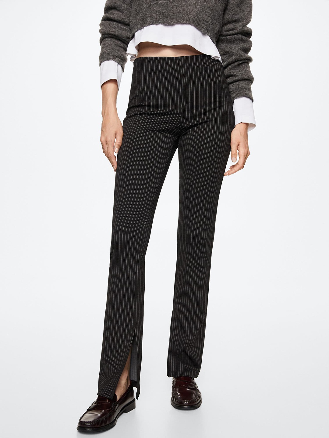 

MANGO Women Black RegularPin-Striped Straight Fit High-Rise Trousers