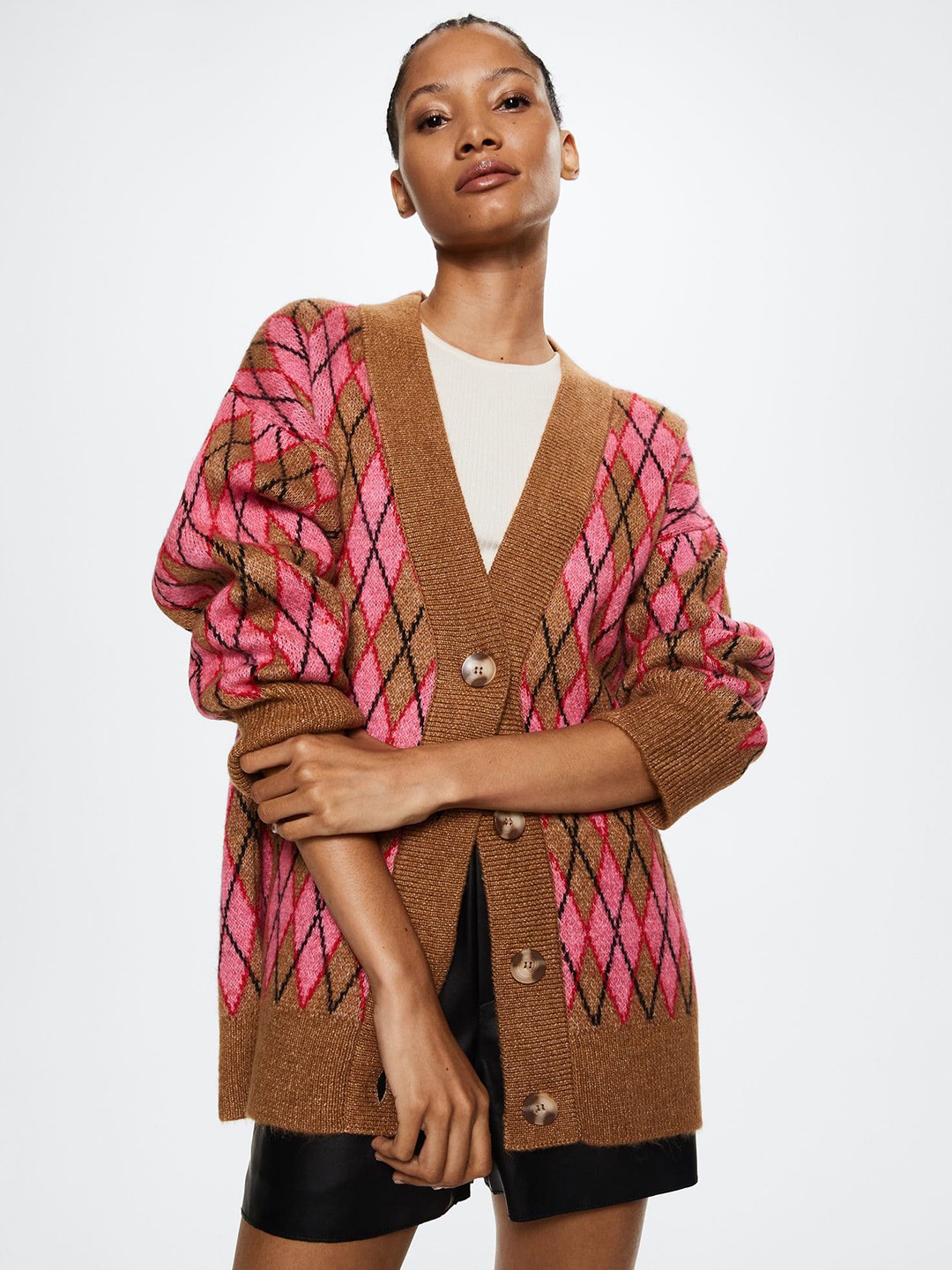 

MANGO Women Brown & Pink Argyle Sustainable Longline Sweater