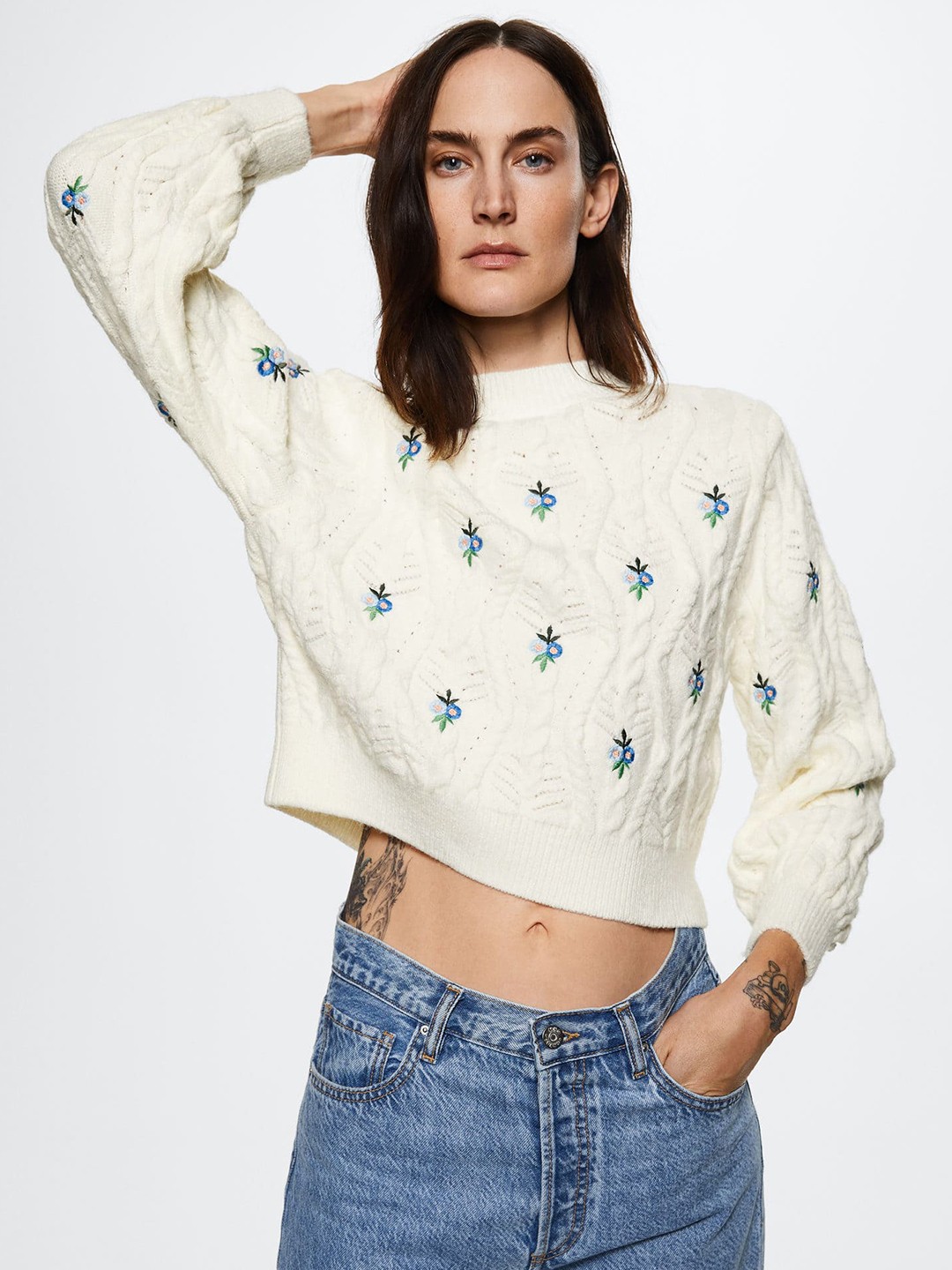 

MANGO Women Off White & Blue Embroidered Crop Sweater