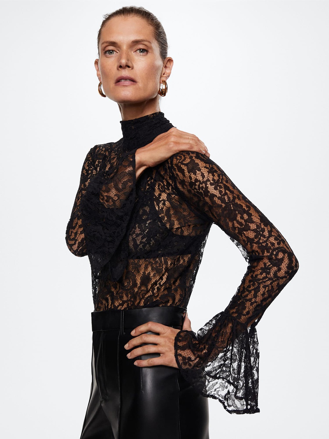 

MANGO Black Self Design Lace Inserts Guipur Turtleneck Top