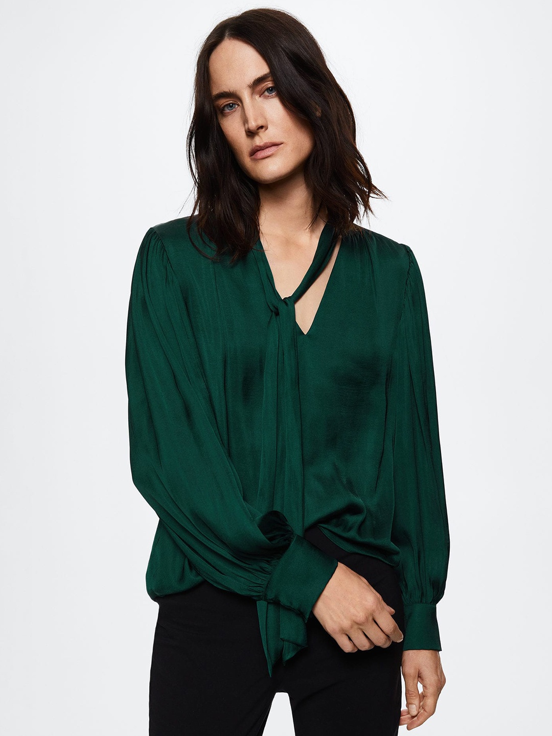 

MANGO Green Solid Puff Sleeves Satin Blouson Top With Tie-Up Detail