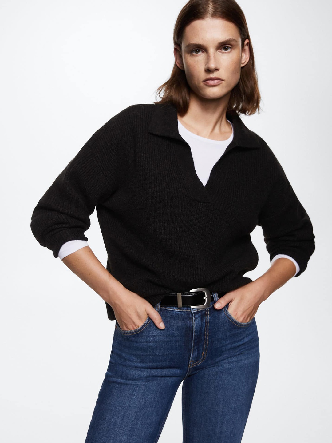

MANGO Women Black Polo Collar Sustainable Pullover