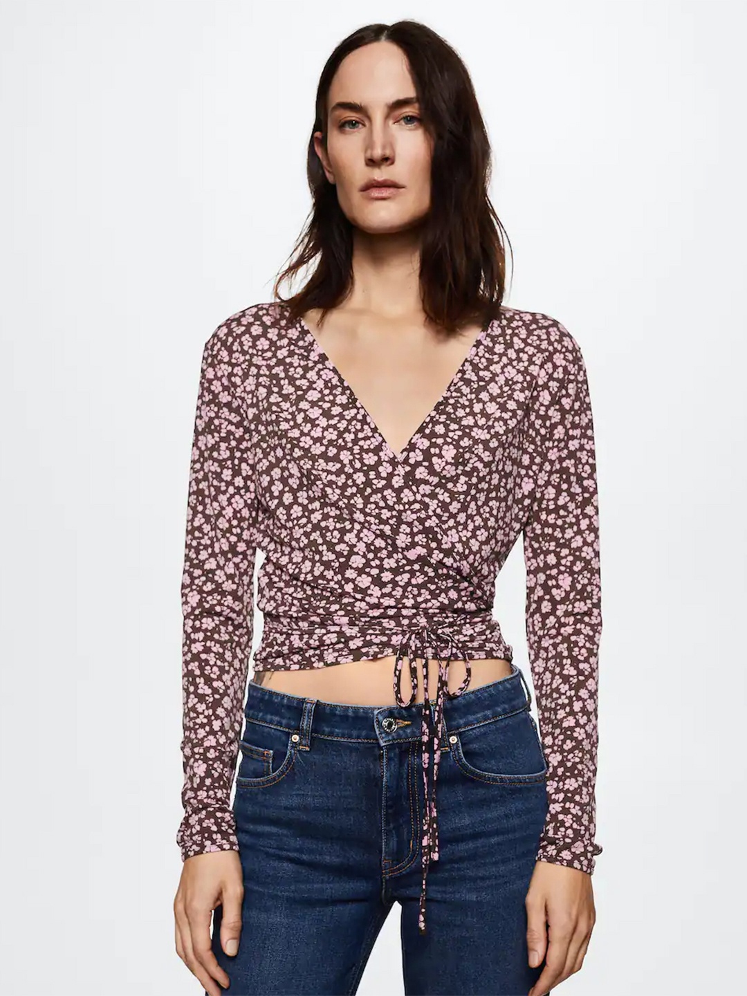 

MANGO Pink & Brown Floral Print Wrap Sustainable Crop Top