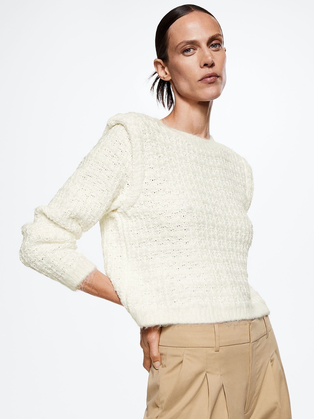 

MANGO Women Off White Open Knit Sustainable Pullover with shoulder pads