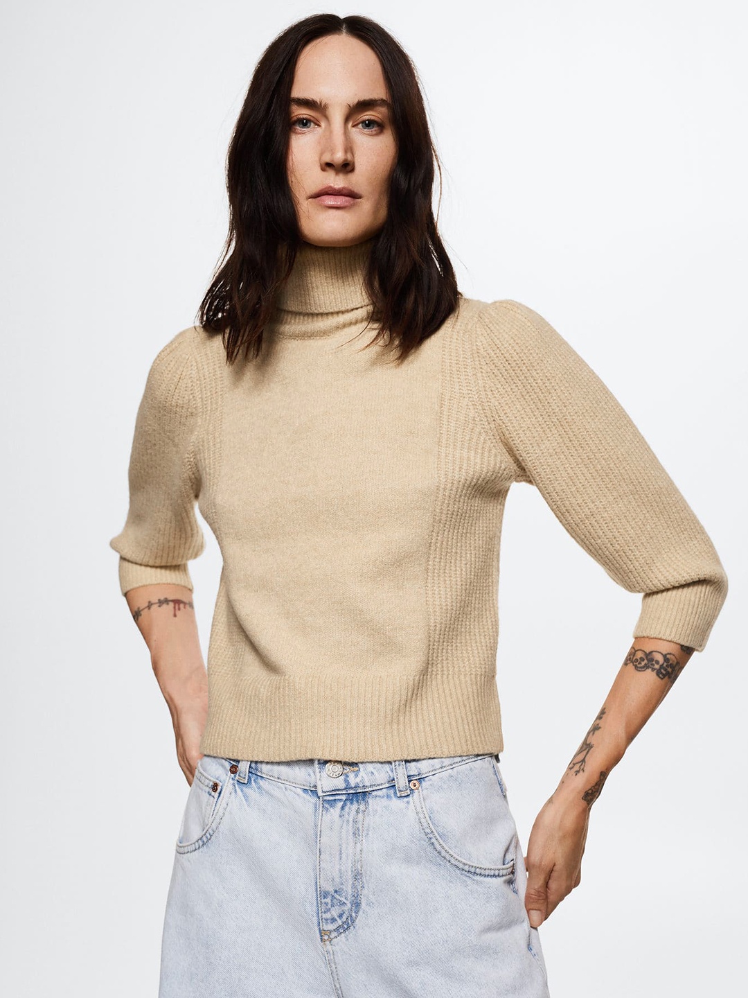 

MANGO Women Beige Turtle Neck Sustainable Sweater