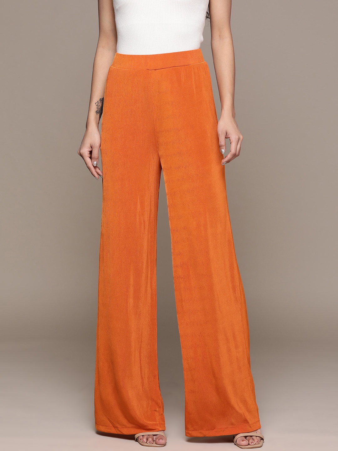 

MANGO Women Orange Solid Wide Leg Trousers