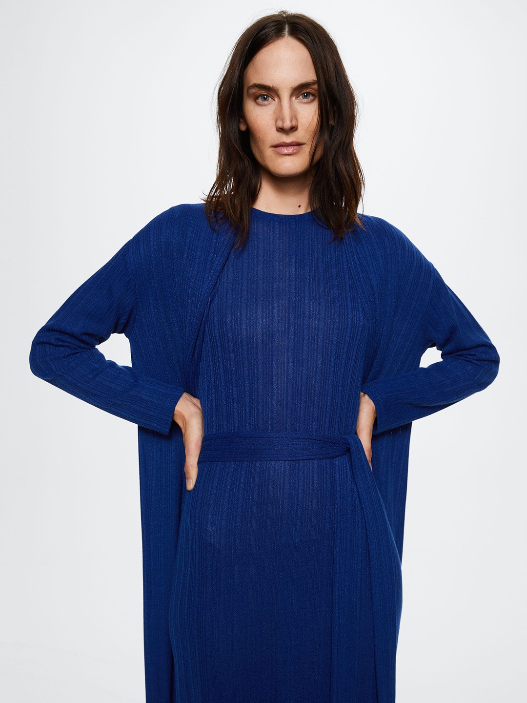 

MANGO Women Navy Blue Ribbed Sustainable Longline Front Open Sweater