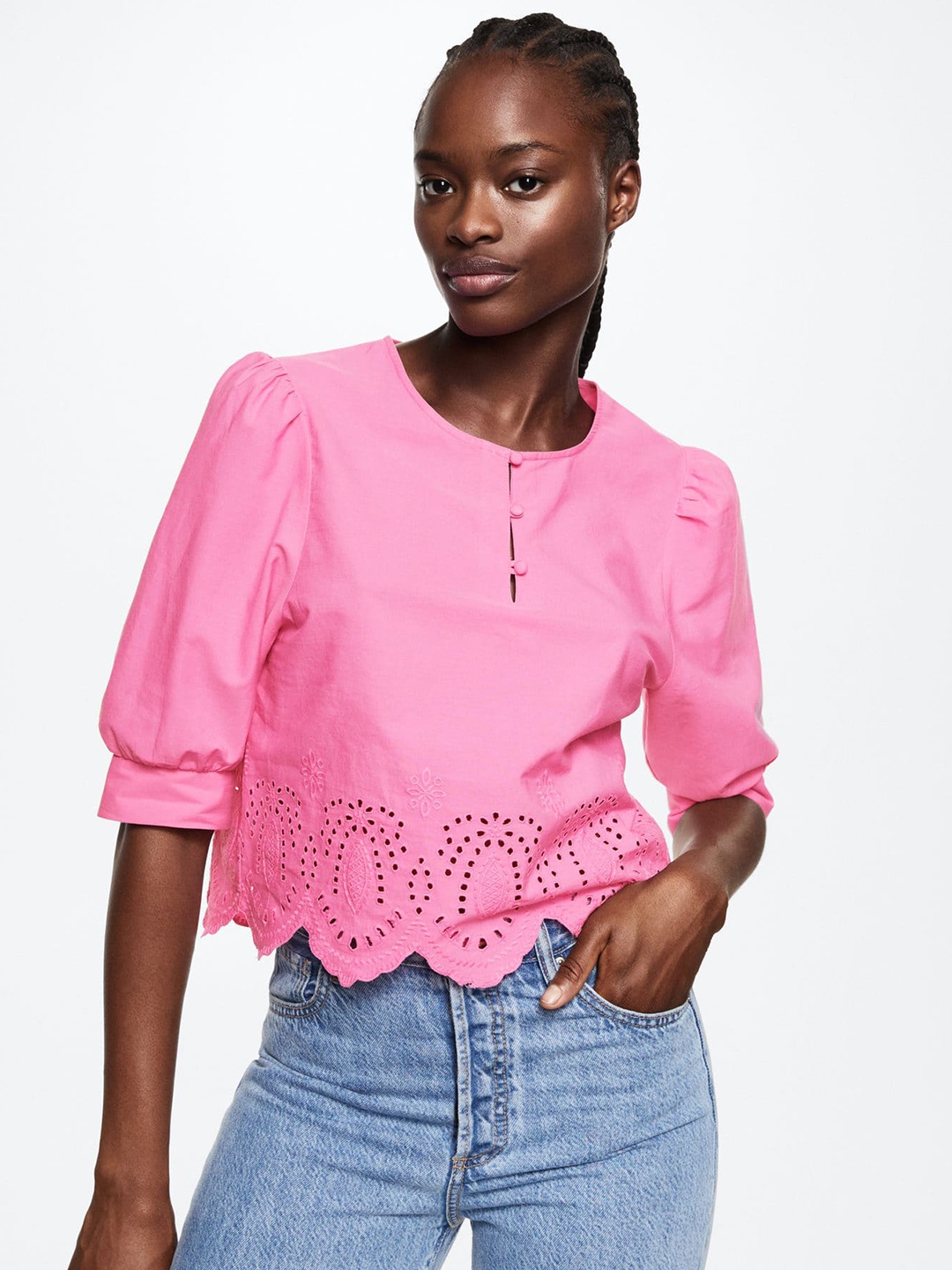 

MANGO Women Pink Pure Cotton Floral Schiffli Embroidered Sustainable Top