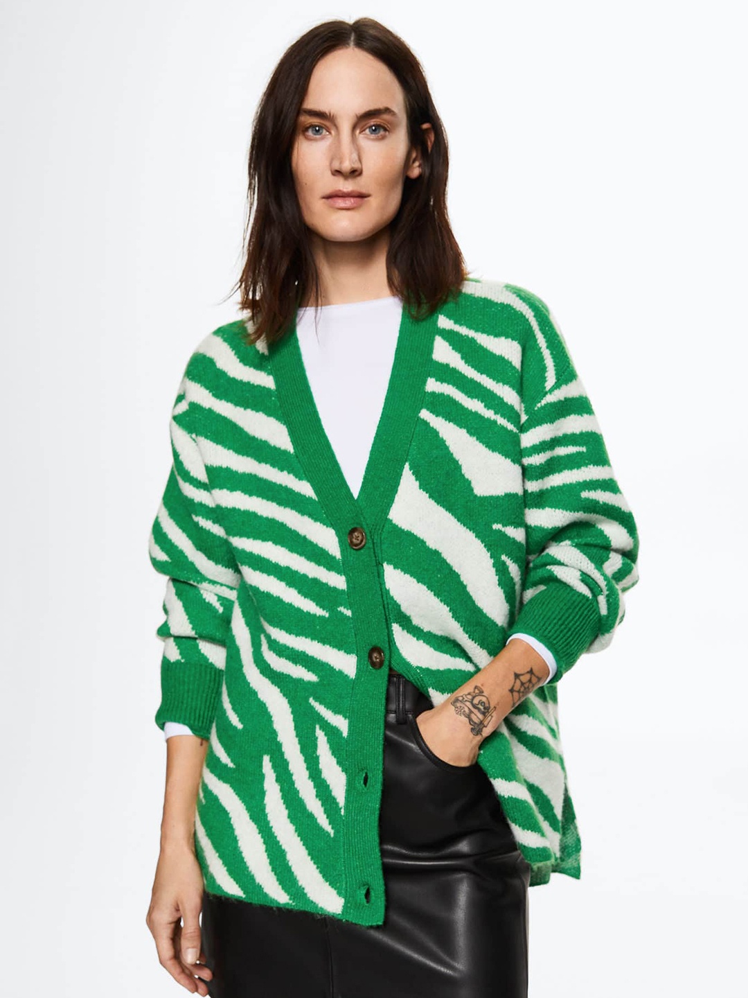 

MANGO Women Green & White Sustainable Longline Cardigan