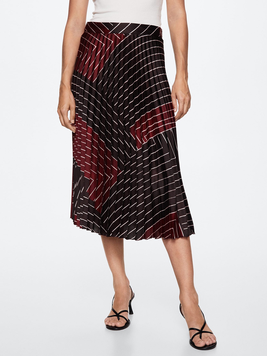 

MANGO Coffee Brown & Maroon Geometric Print Accordion Pleated A-Line Midi Skirt