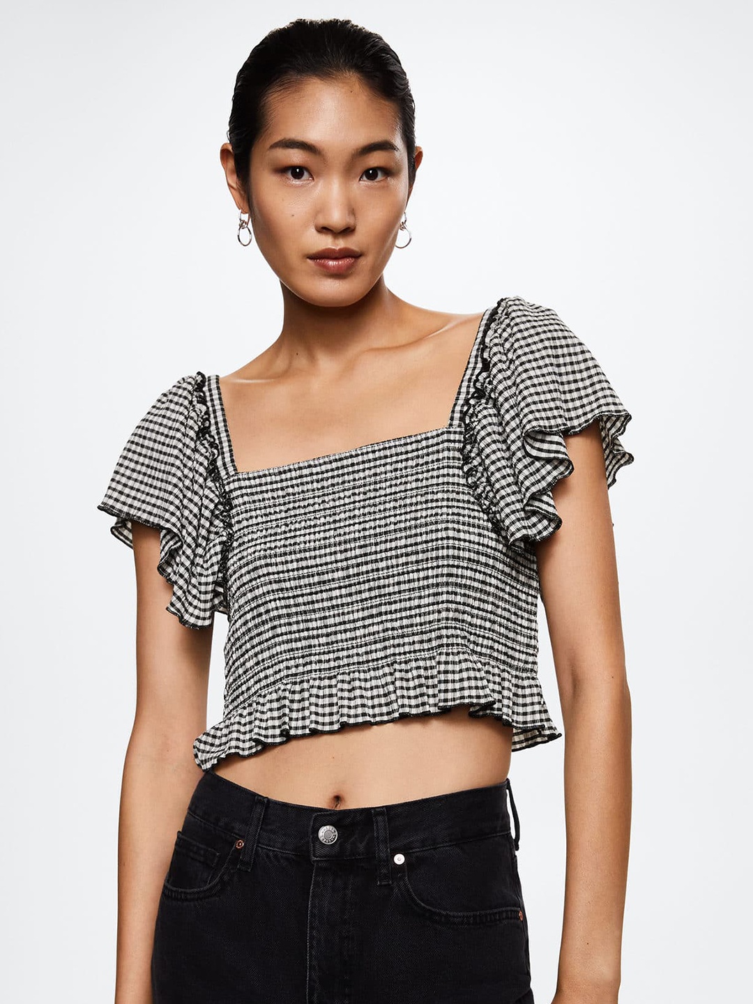 

MANGO White & Black Checked Monochrome Top