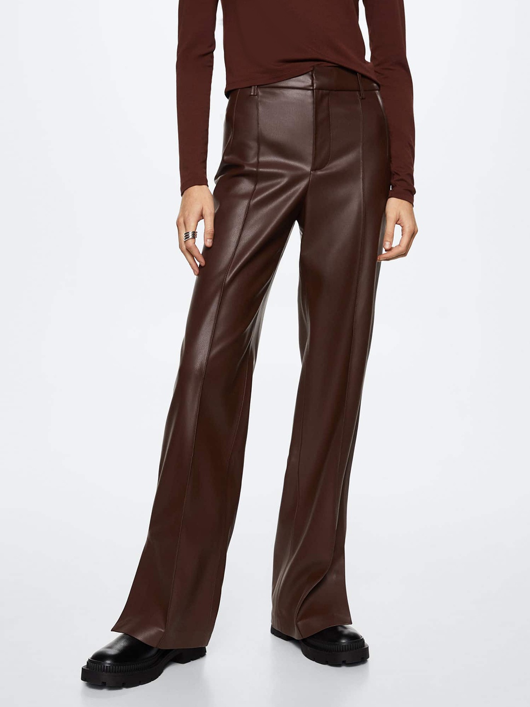 

MANGO Women Brown Straight Fit High-Rise Pleated Trousers