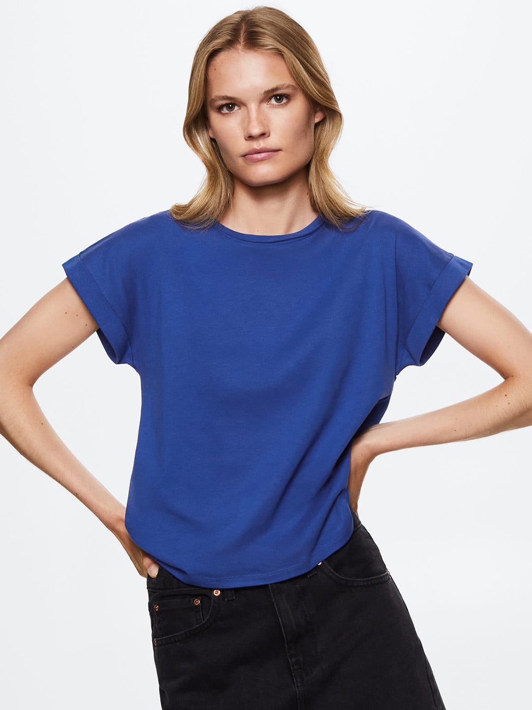 

MANGO Women Blue Extended Sleeves Pure Cotton T-shirt