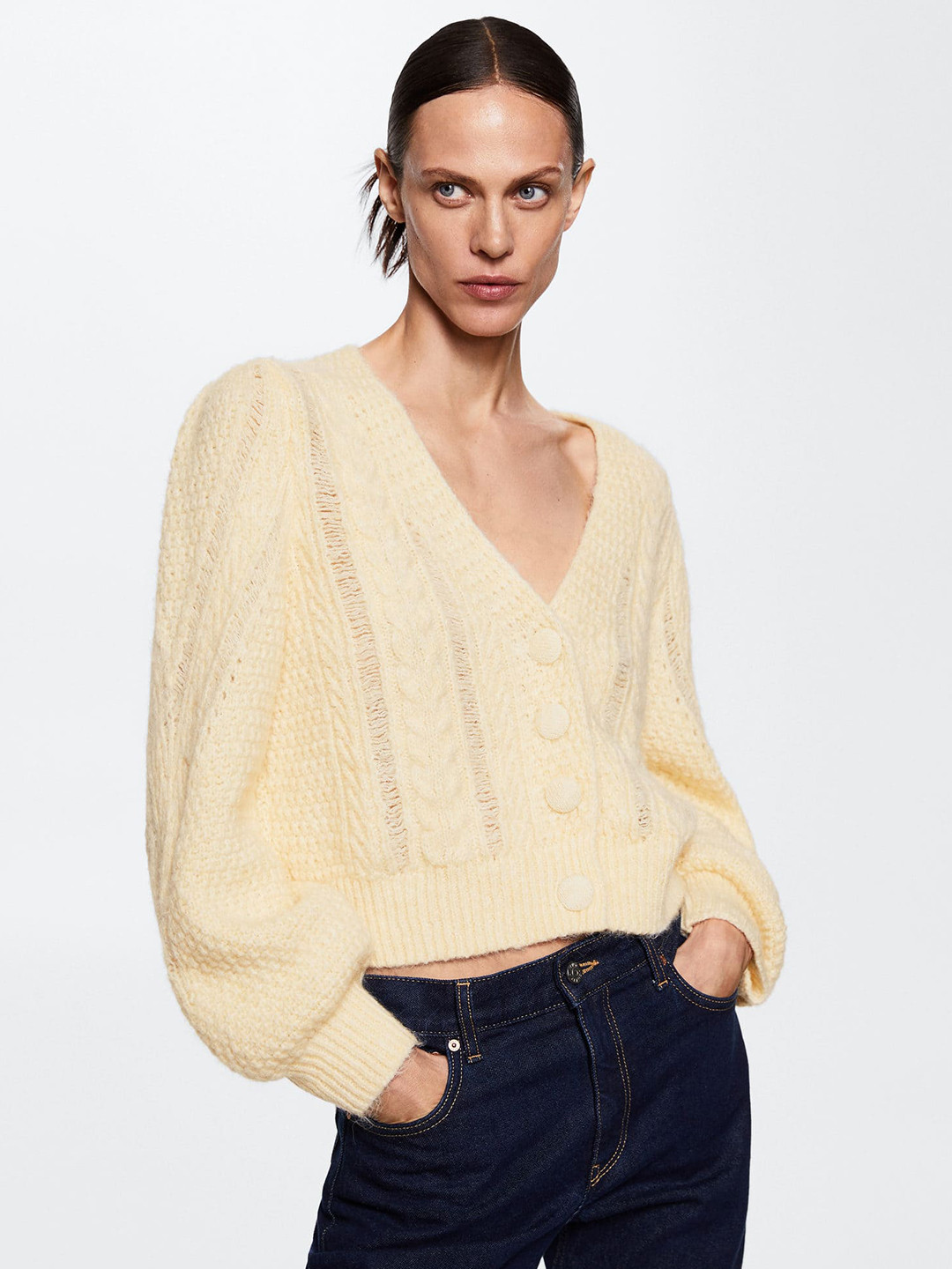 

MANGO Women Cream-Coloured Cable Knit Sustainable Cardigan