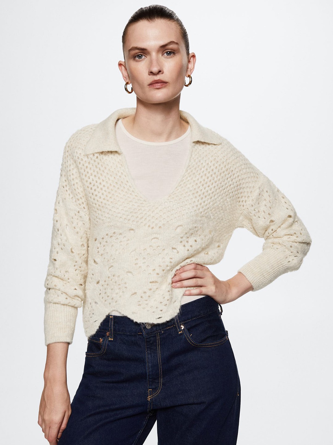 

MANGO Women Cream-Coloured Open Knit Pullover