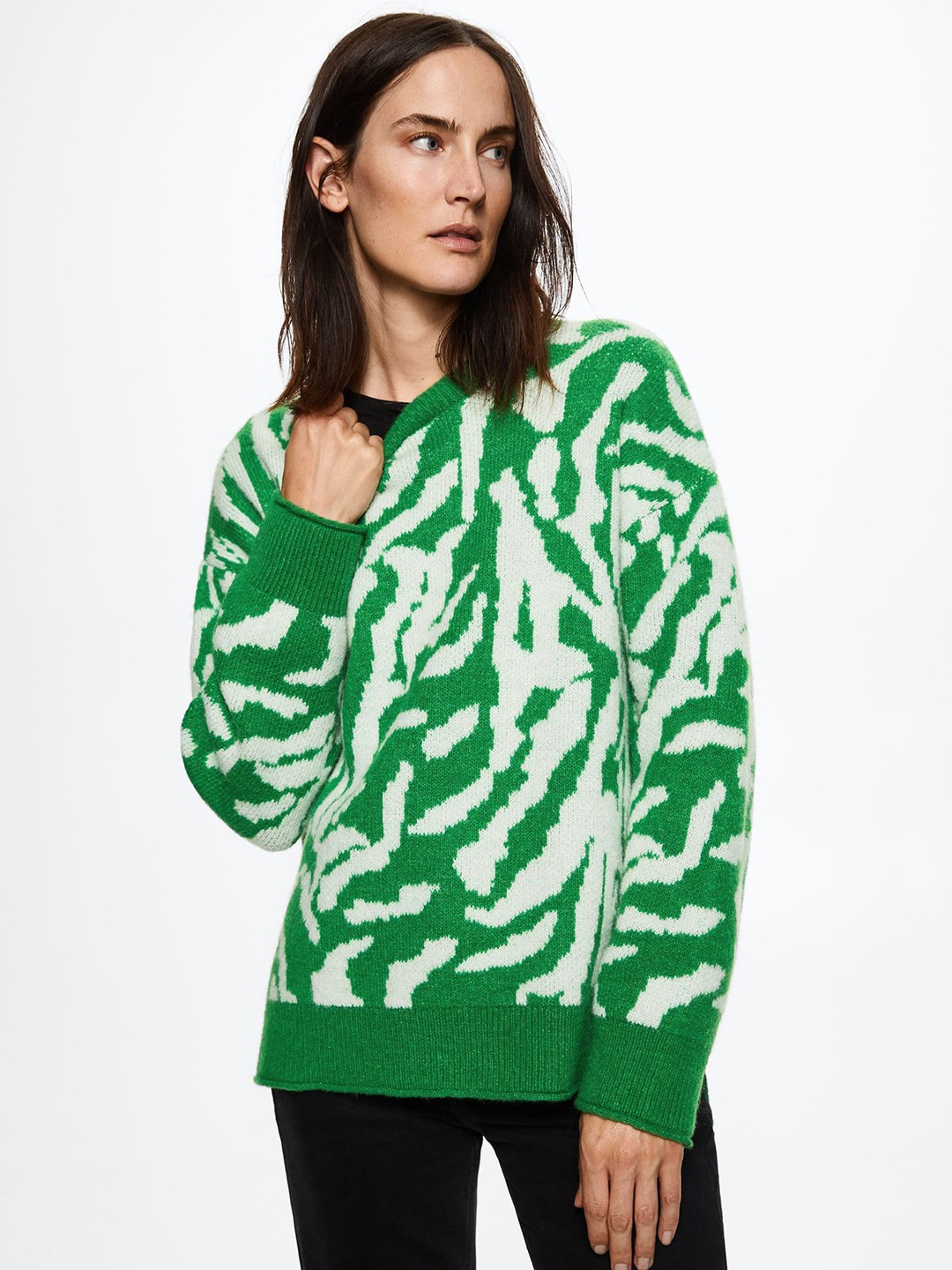 

MANGO Women Green & White Animal Printed Oversized Sustainable Pullover