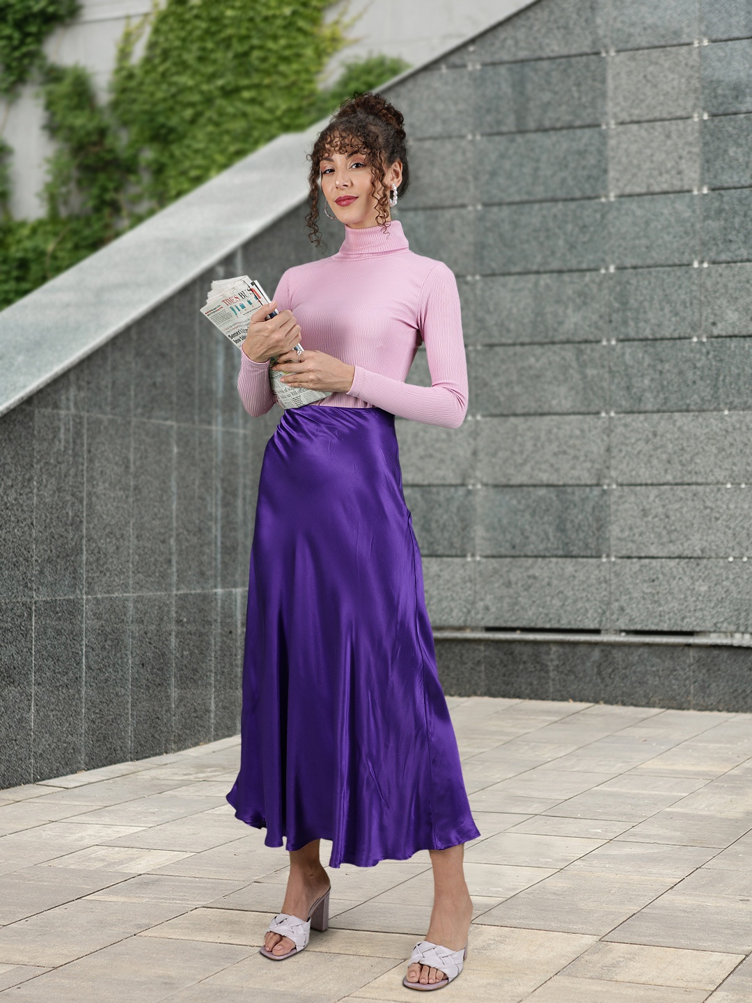 

MANGO Women Purple A-Line Midi Flared Skirt
