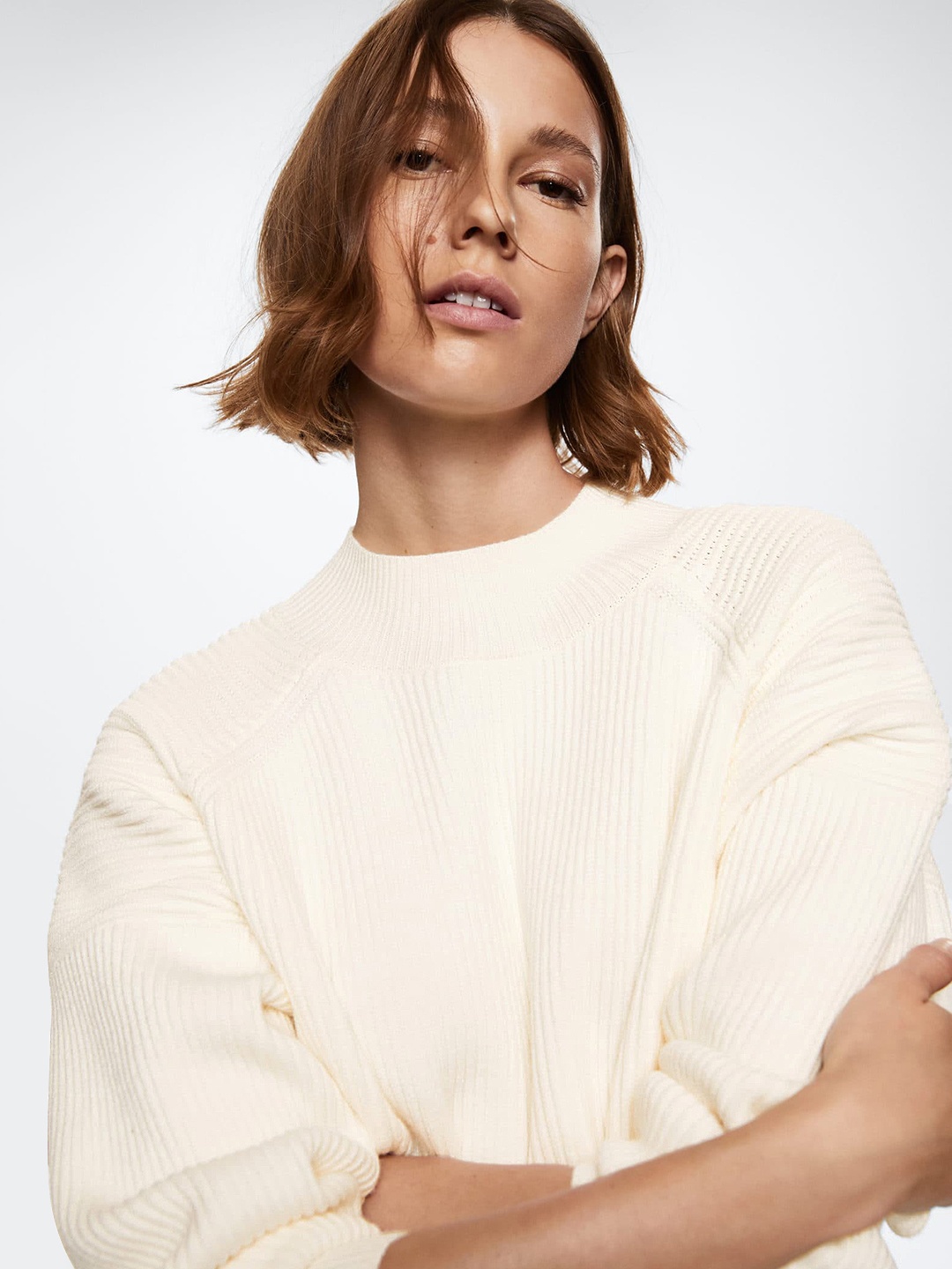 

MANGO Women White Ribbed Sustainable Pullover