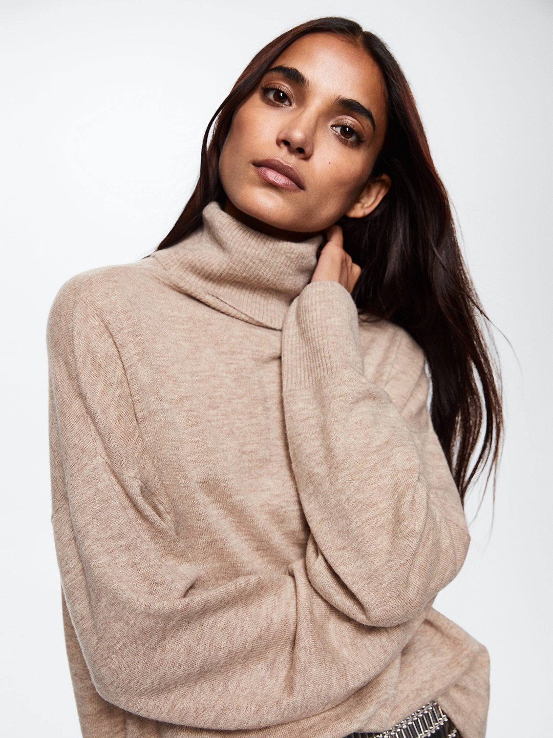 

MANGO Women Beige Solid Longline Pullover