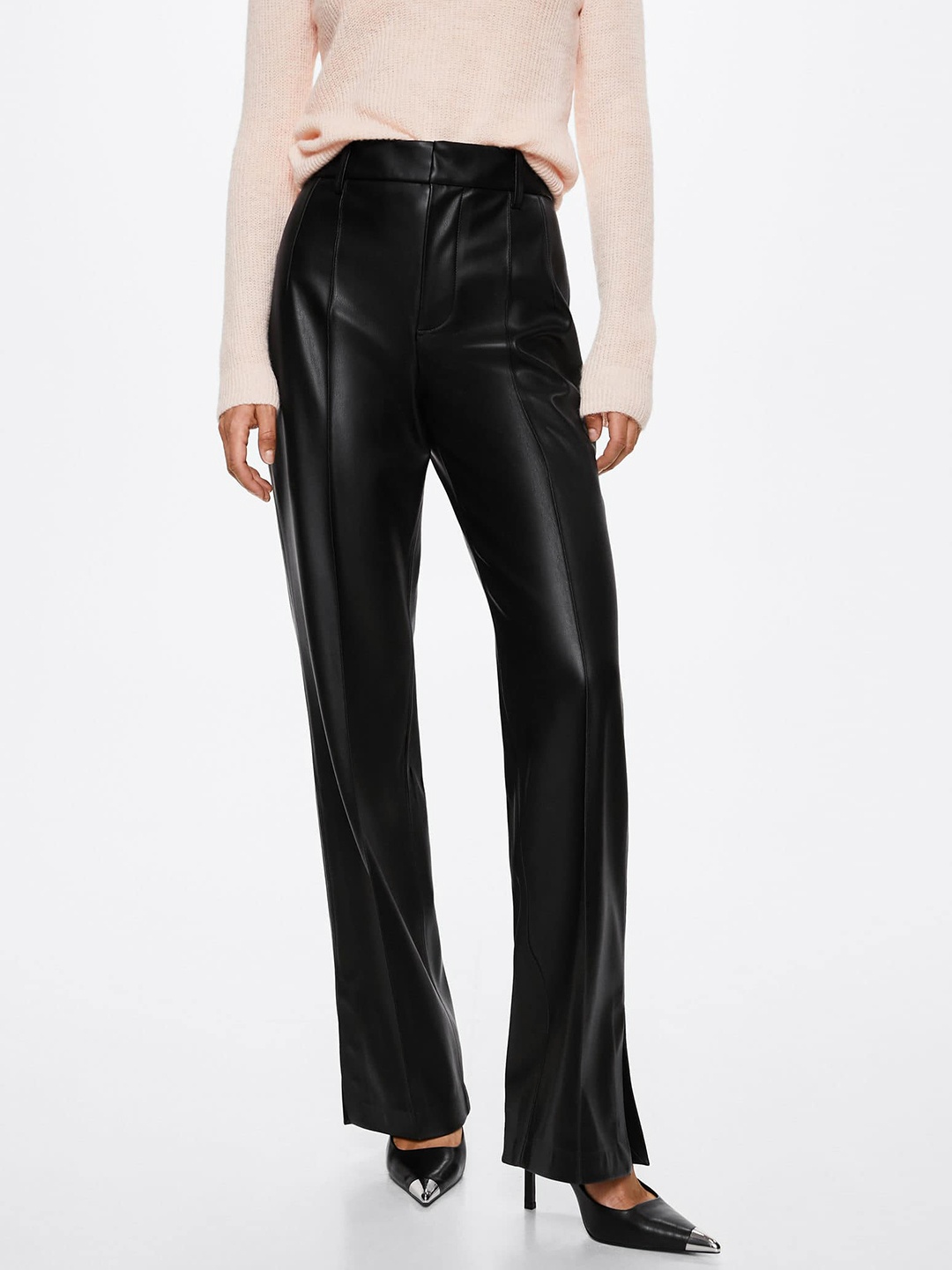 

MANGO Women Black Solid Straight Fit High-Rise Pleated Trousers