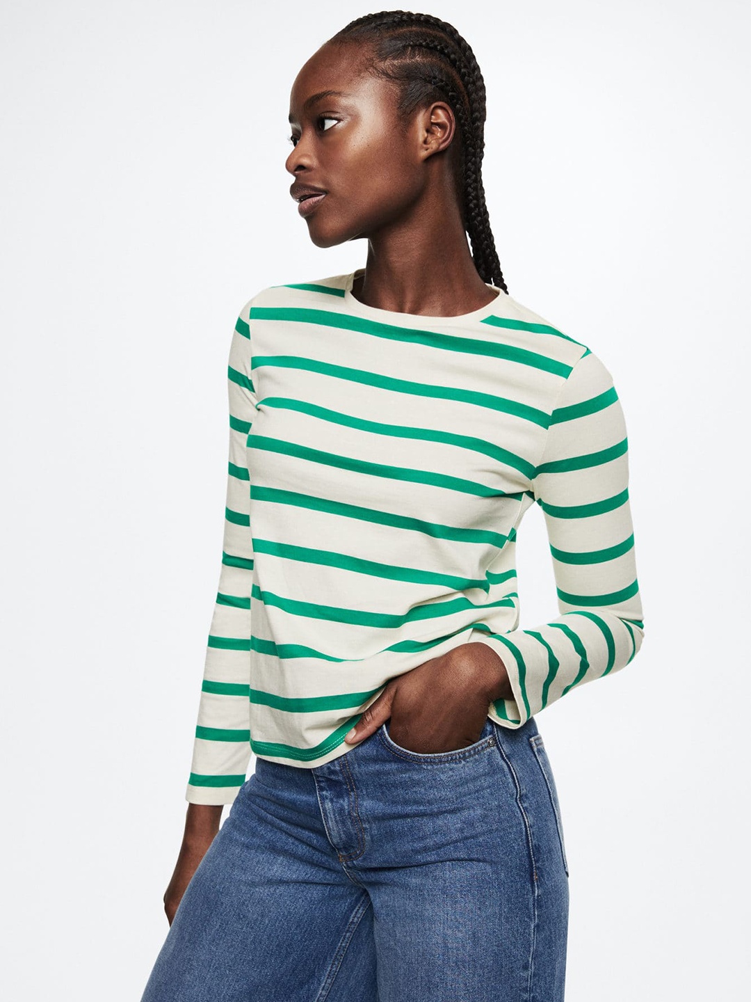 

MANGO Women Green & Off White Striped Pure Cotton Sustainable T-shirt