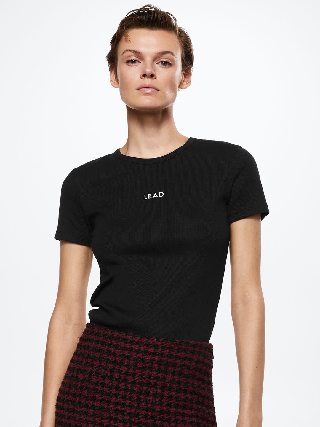 

MANGO Women Black Ribbed Sustainable Knitted T-shirt With Typography Detail