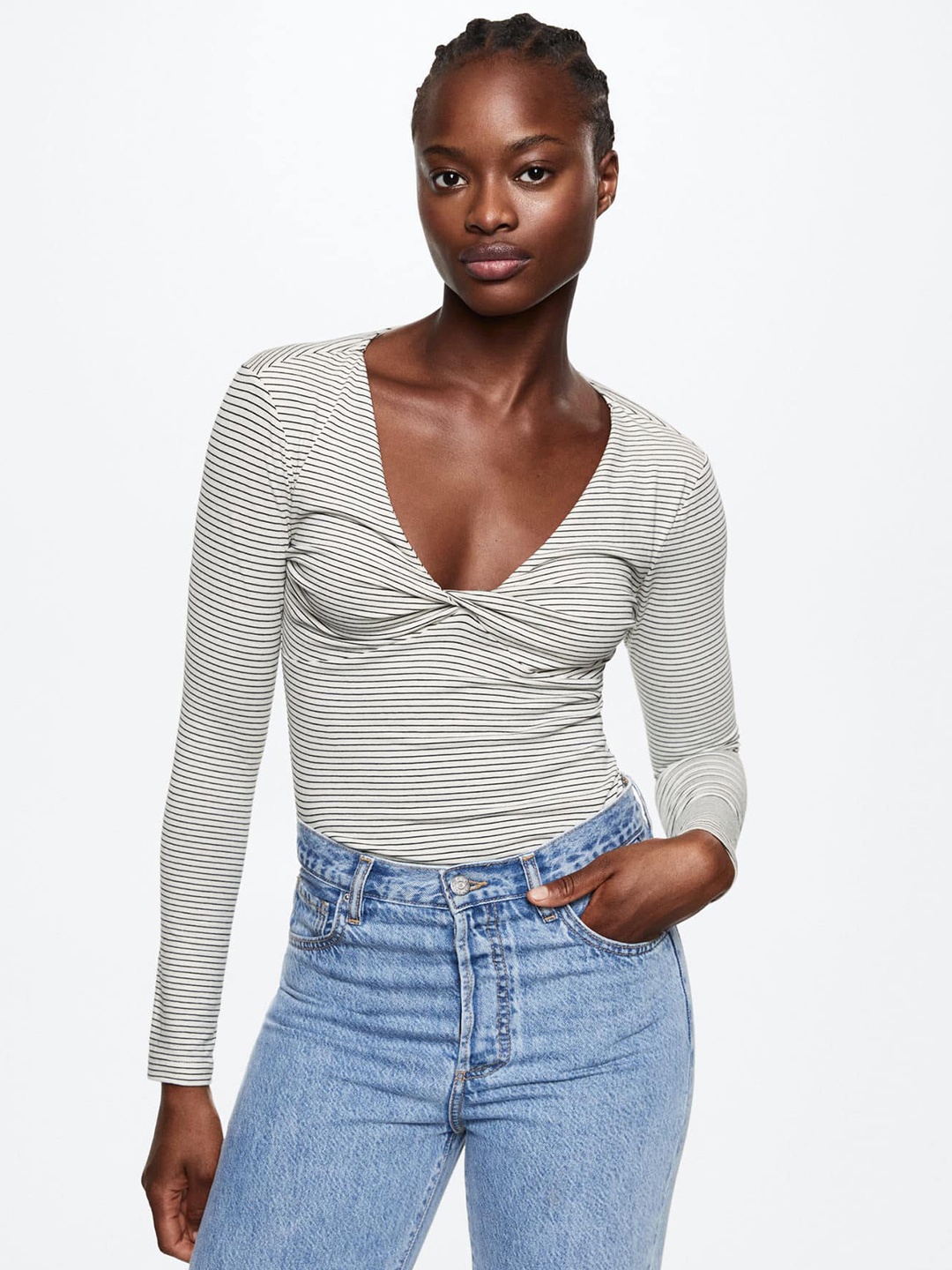 

MANGO Off White & Black Striped Twisted Sustainable Top