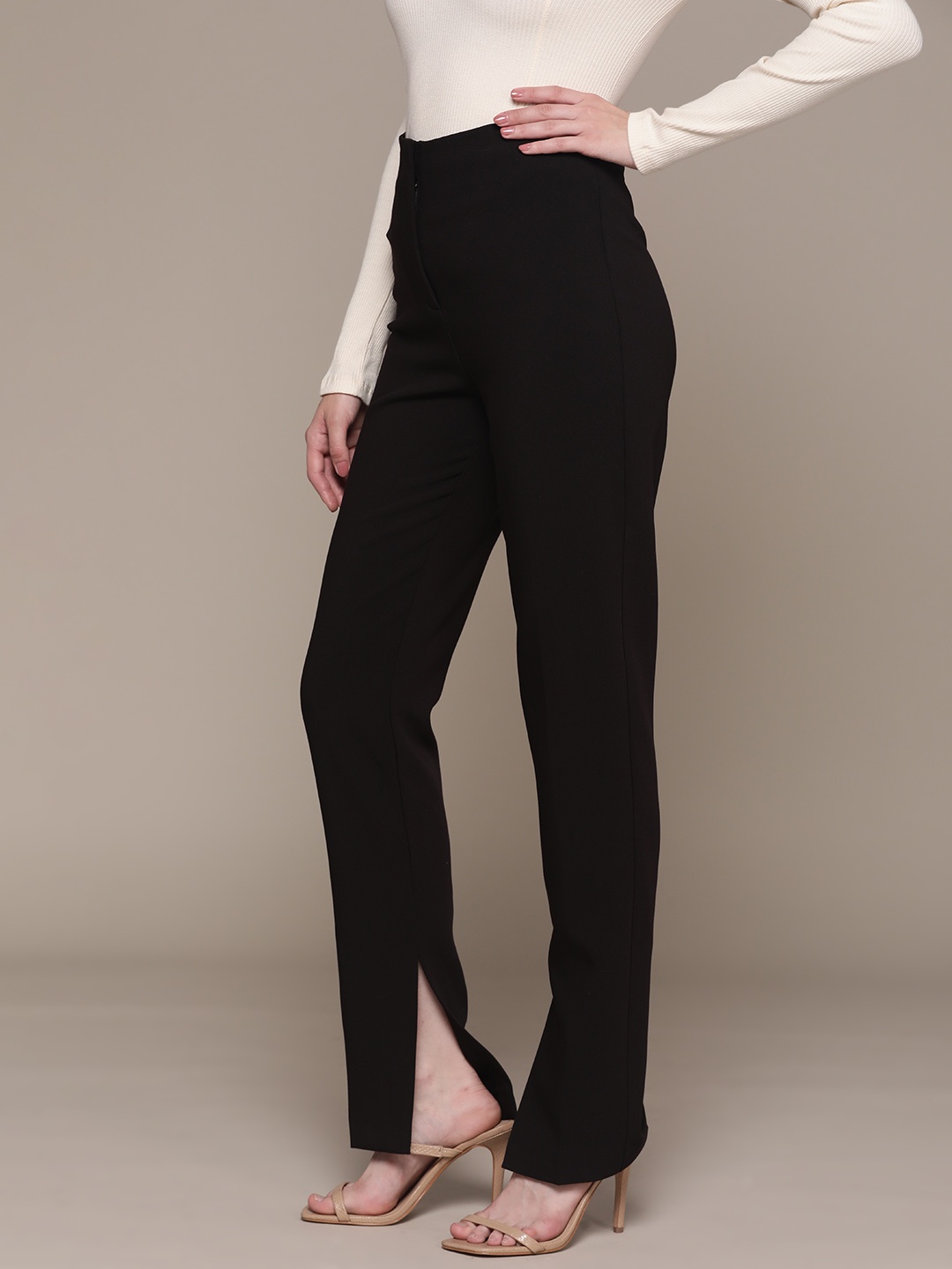 

MANGO Women Black Solid Side Slit Hem Regular Trousers