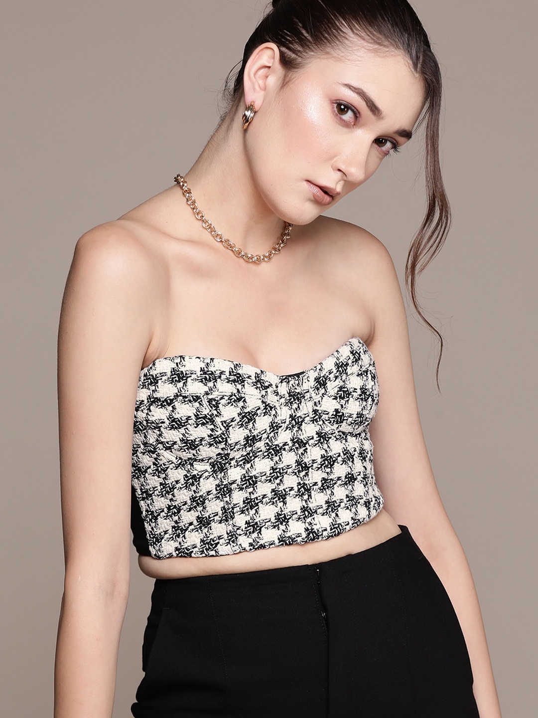 

MANGO White & Black Houndstooth Off-Shoulder Monochrome Crop Corset Top