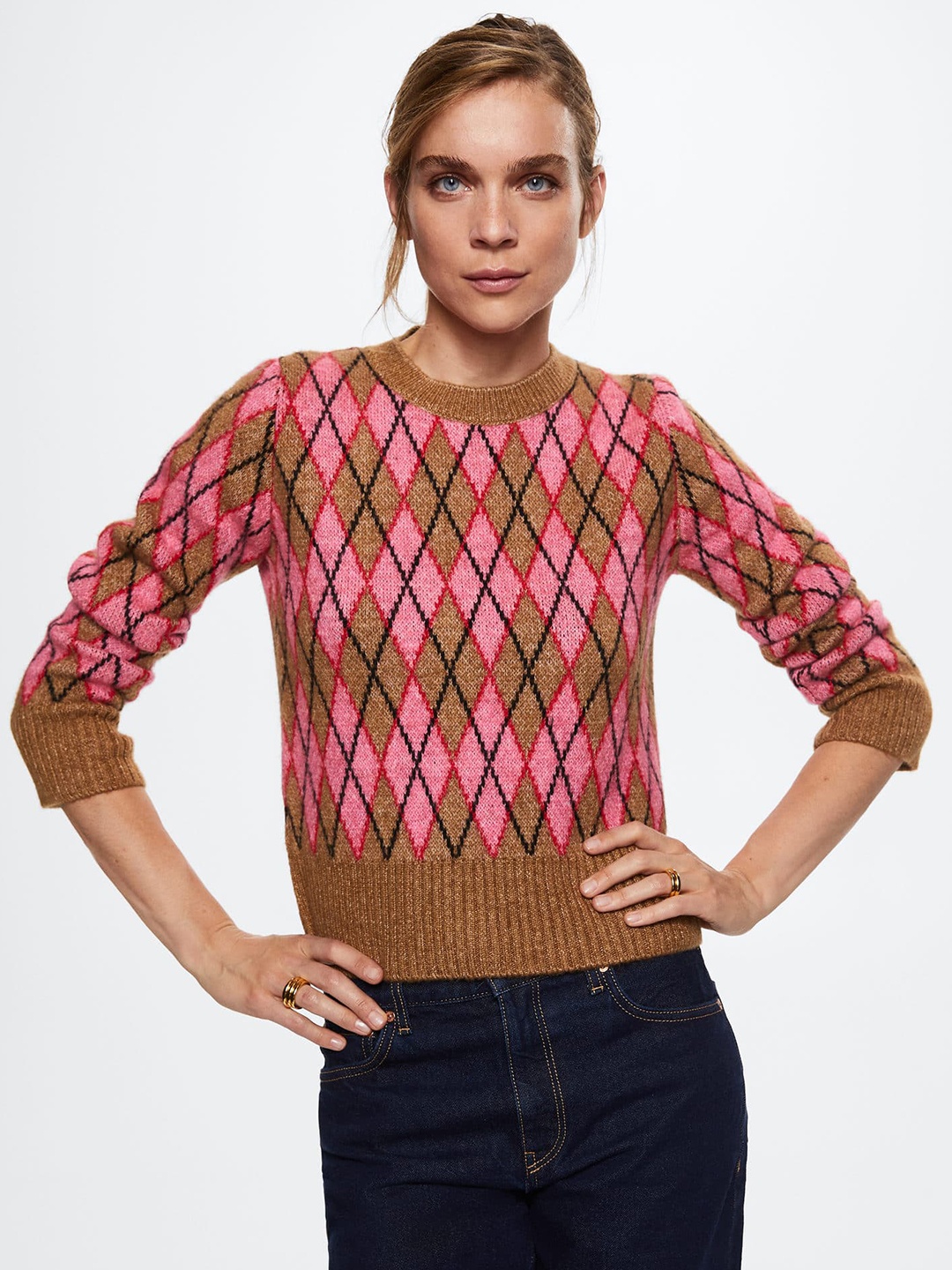 

MANGO Women Brown & Pink Argyle Sustainable Pullover