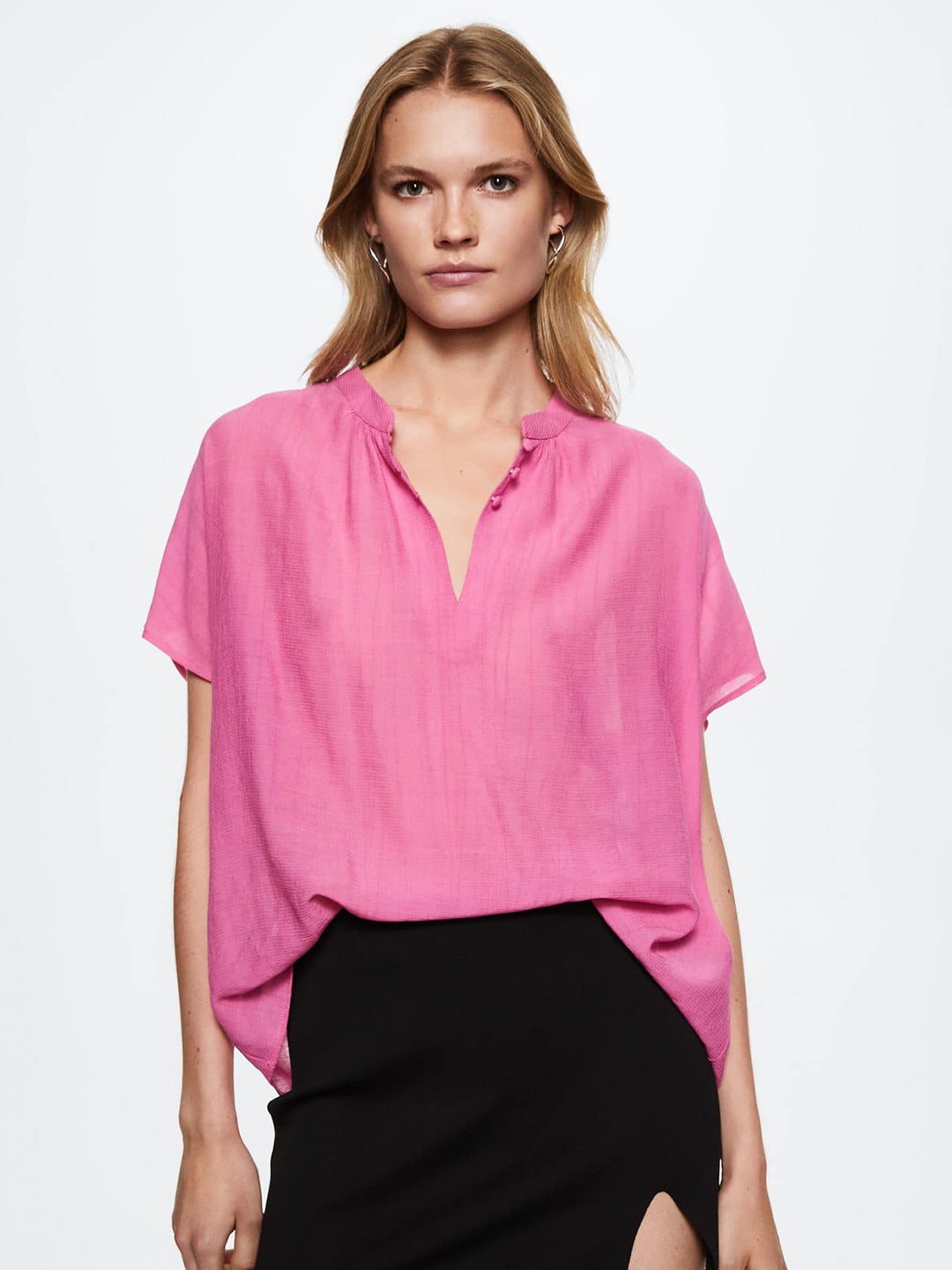 

MANGO Women Pink Solid Mandarin Collar Top