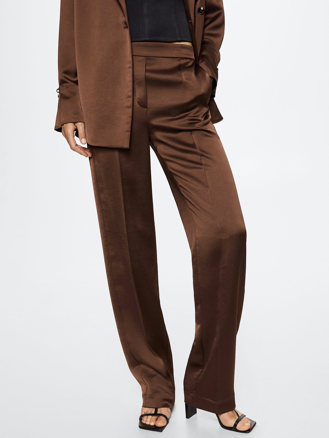 

MANGO Women Brown Solid Satin RegularTrousers