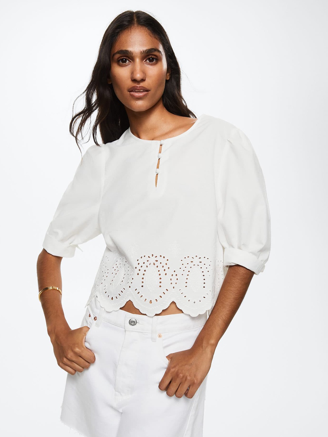 

MANGO White Pure Cotton Floral Schiffli Embroidered Sustainable Top