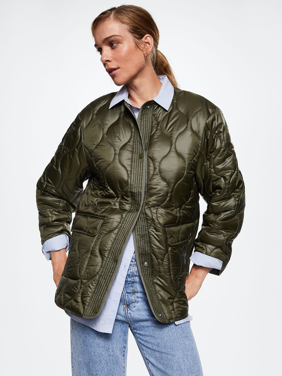 

MANGO Women Olive Green Solid Lightweight Sustainable Oversize Padded Jacket
