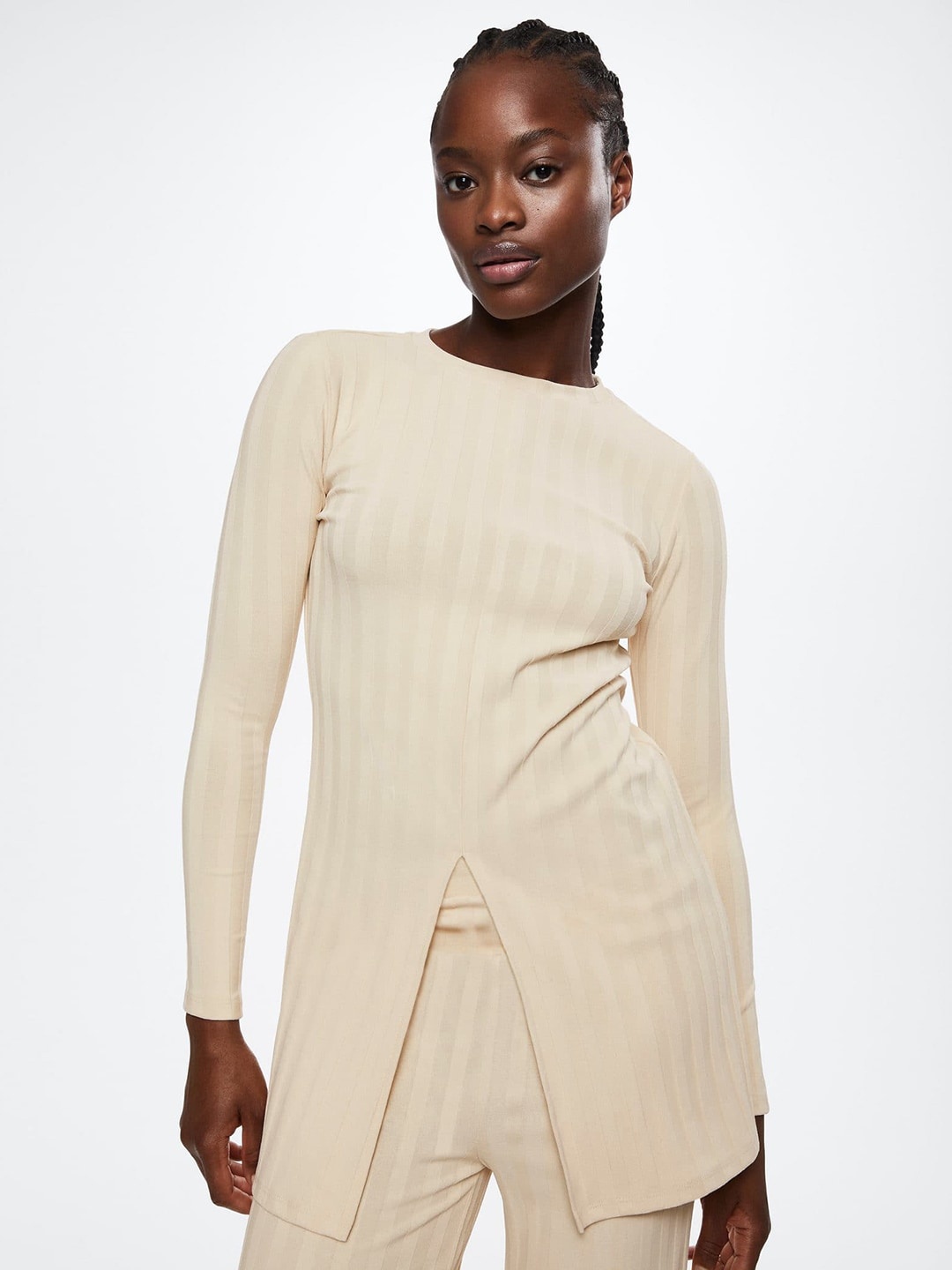

MANGO Off White Front Slit Ribbed Top