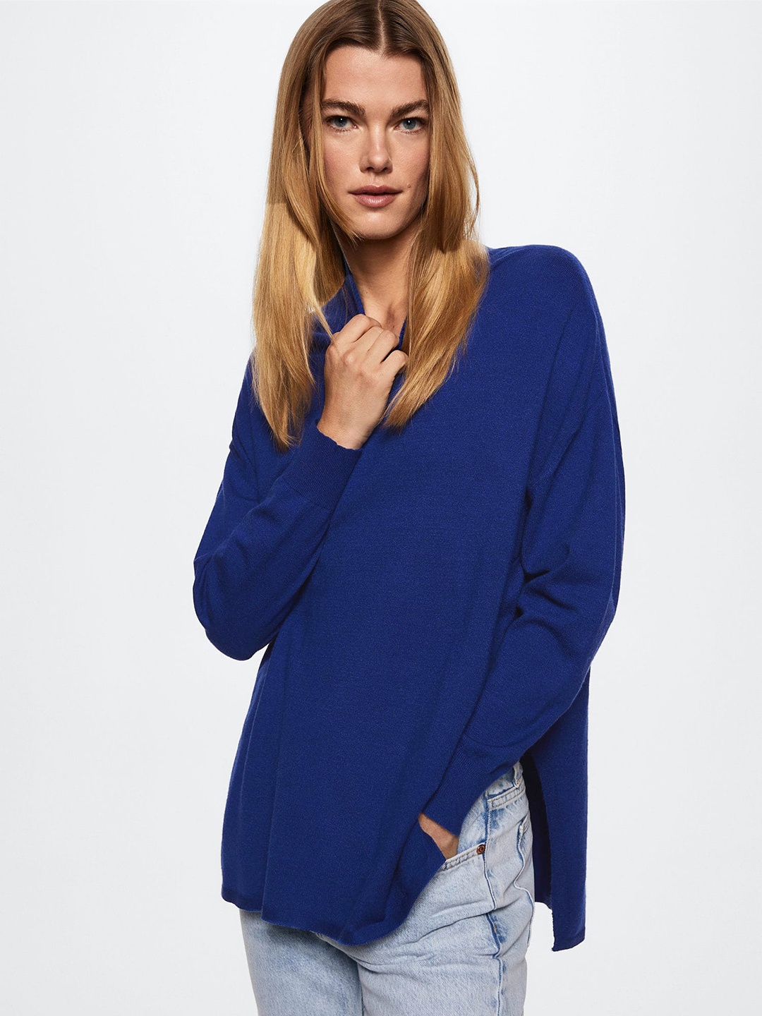 

MANGO Women Navy Blue Solid Longline Pullover