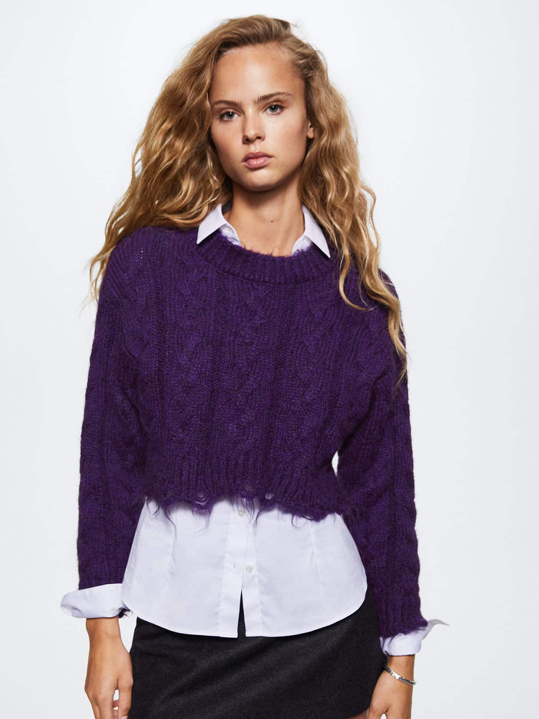 

MANGO Women Purple Cable Knit Cropped Pullover