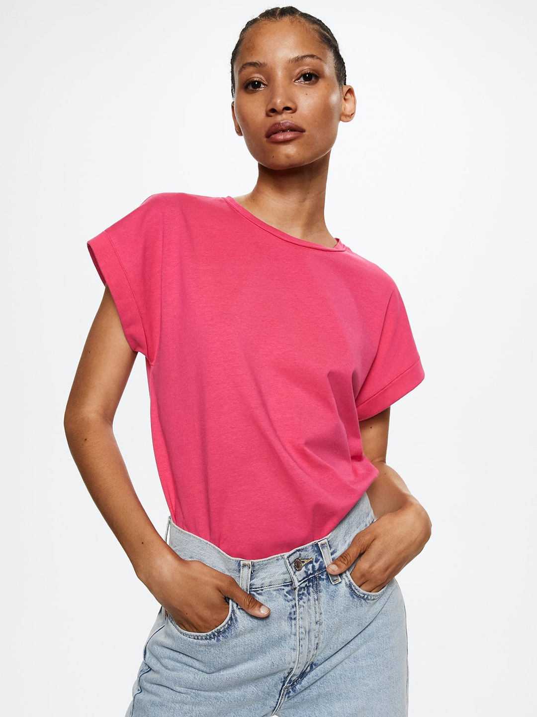 

MANGO Women Pink Pure Cotton Solid Extended Sleeves T-shirt