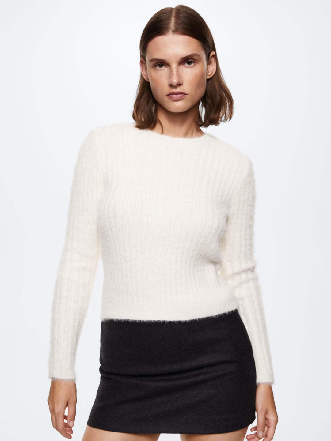 

MANGO Women Off White Self Striped Sustainable Pullover