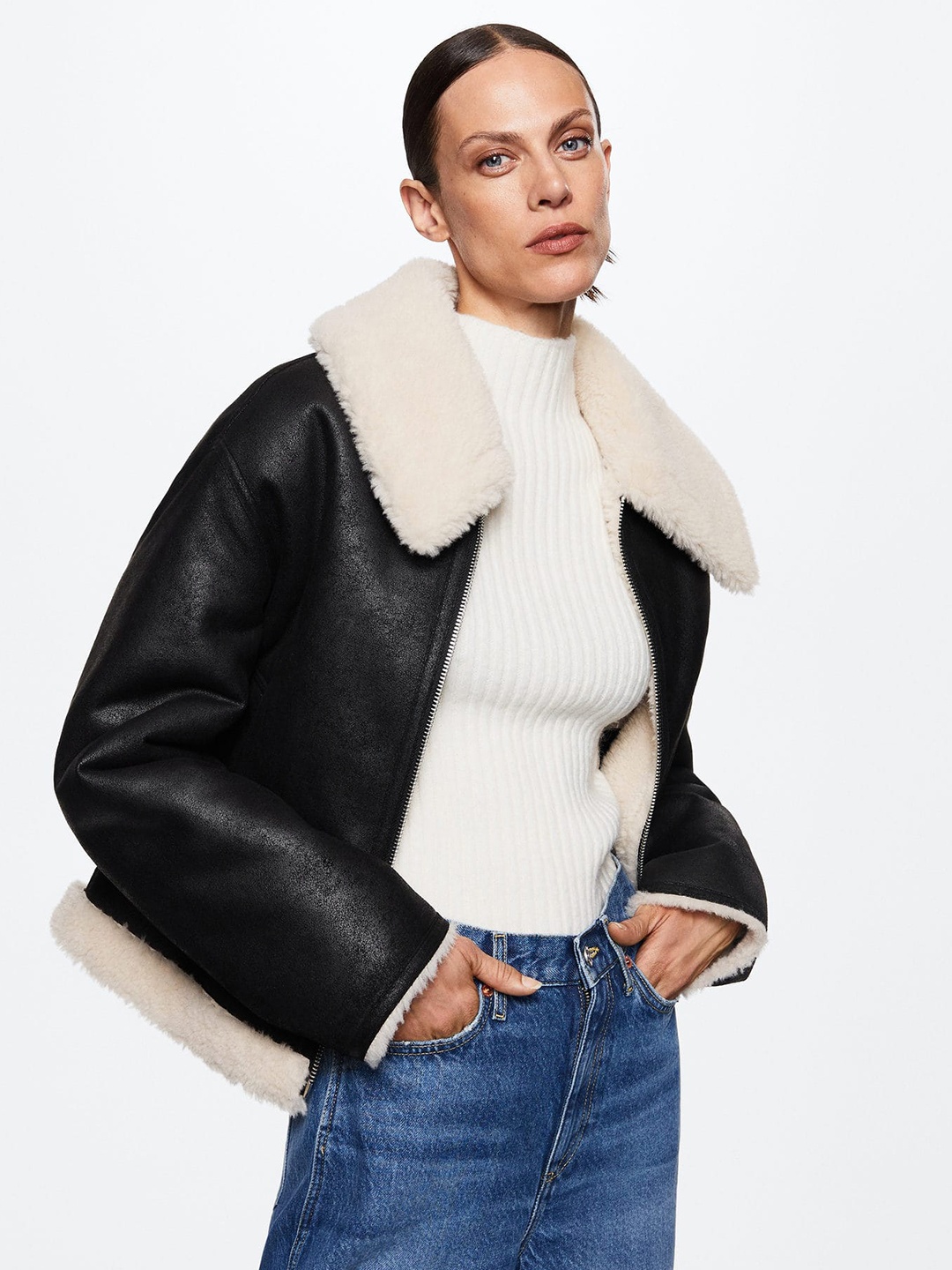 

MANGO Women Black & Cream-Coloured Faux Shearling Sustainable Jacket