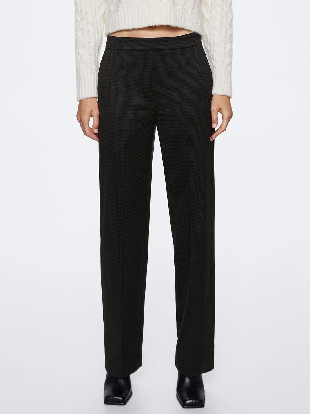 

MANGO Women Black Checked Straight Fit Parallel Trousers