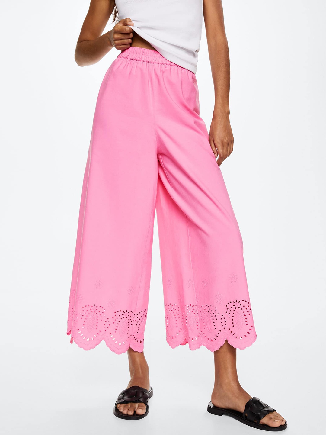 

MANGO Women Pink Sustainable Cotton Schiffli Embroidered Cropped Parallel Trousers