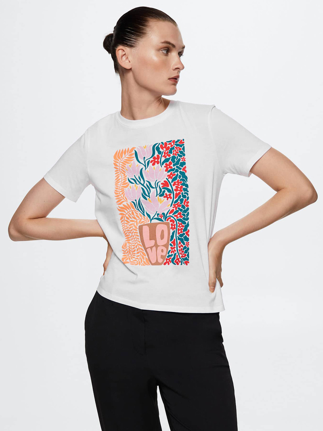 

MANGO Women White & Pink Printed T-shirt