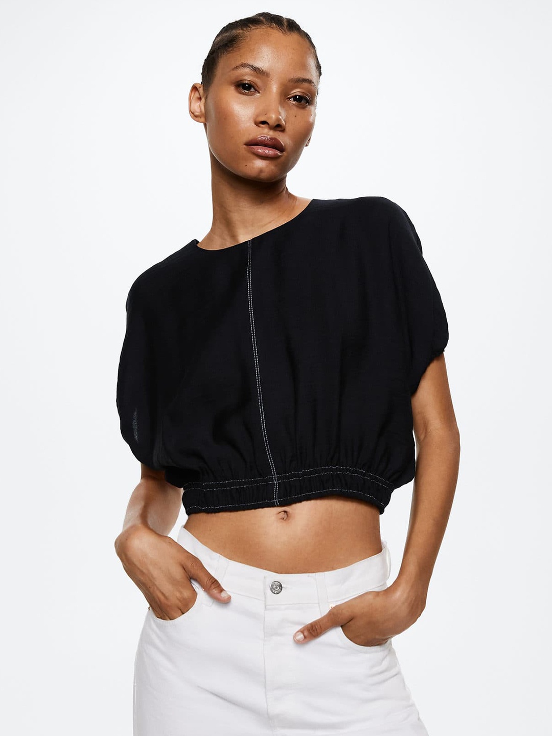 

MANGO Black Extended Sleeves Blouson Sustainable Crop Top