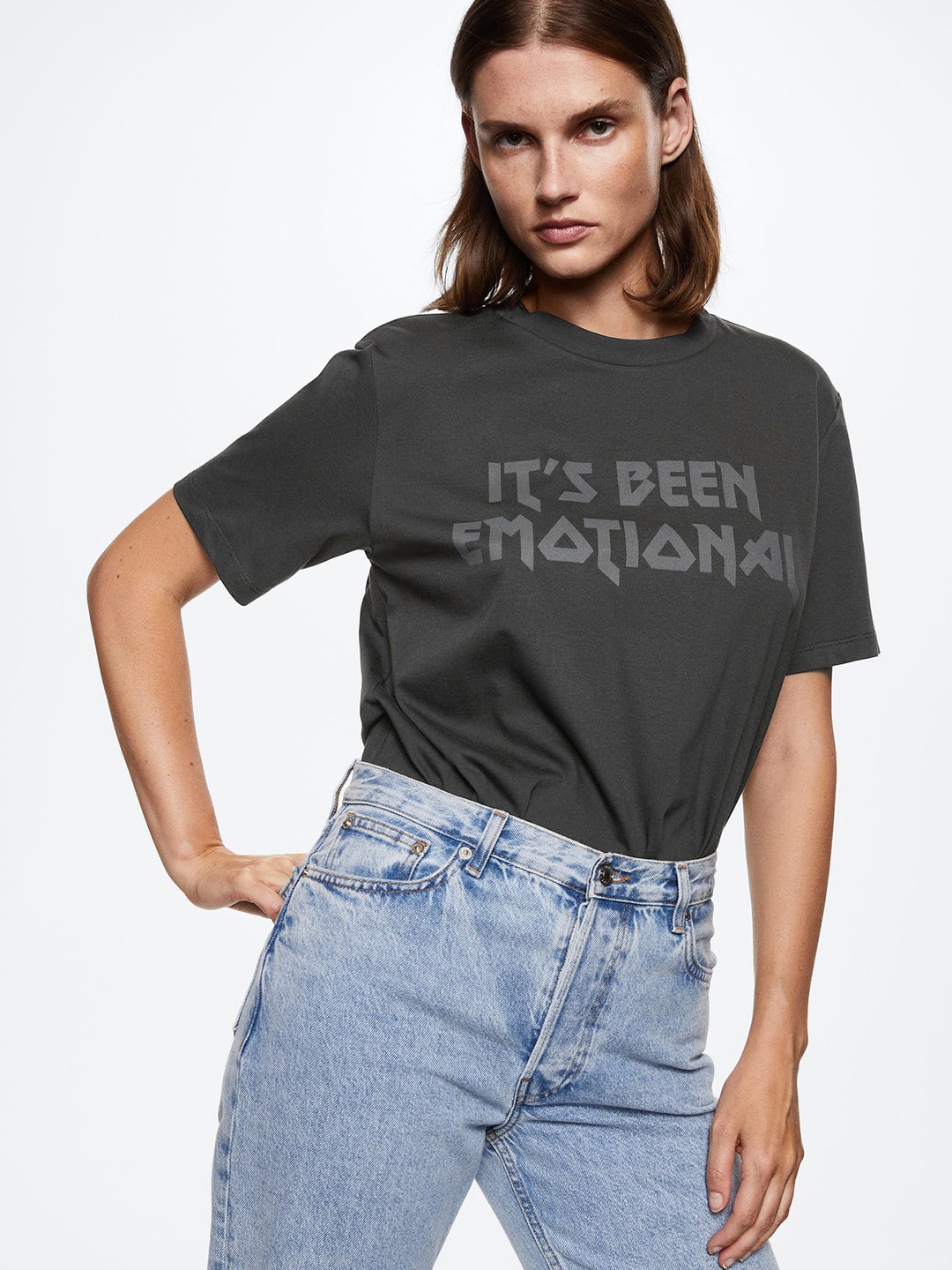 

MANGO Women Black Typography Printed Pure Cotton T-shirt