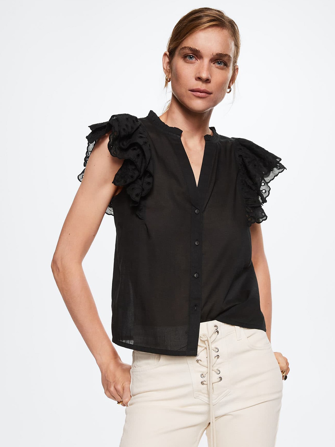 

MANGO Women Black Solid Pure Cotton Shirt Style Top