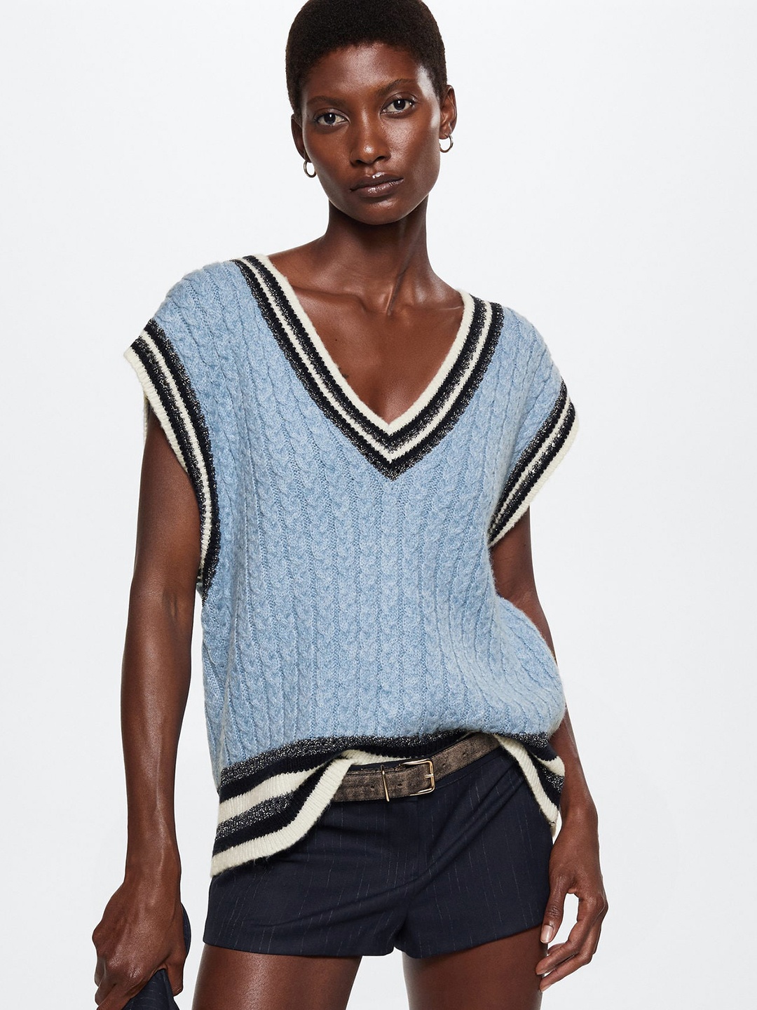 

MANGO Women Blue & White Cable Knit Oversize Sustainable Pullover